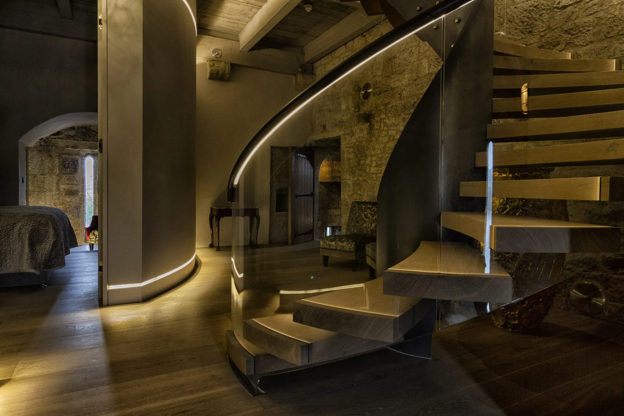 Cantilevered stone spiral staircase inside the castle